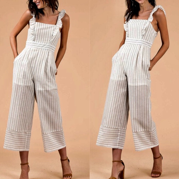 Boho Taupe Striped Ruffle Detail Wide leg Capri Jumpsuit - Picture 2 of 2